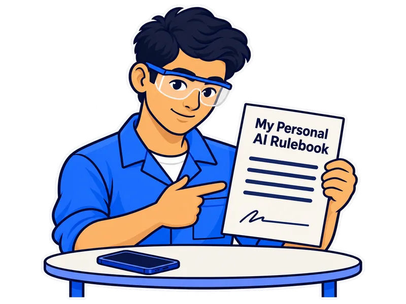 A trainee holds one short page called My Personal AI Rulebook, with a signature line at the bottom. A phone lies on the table.
